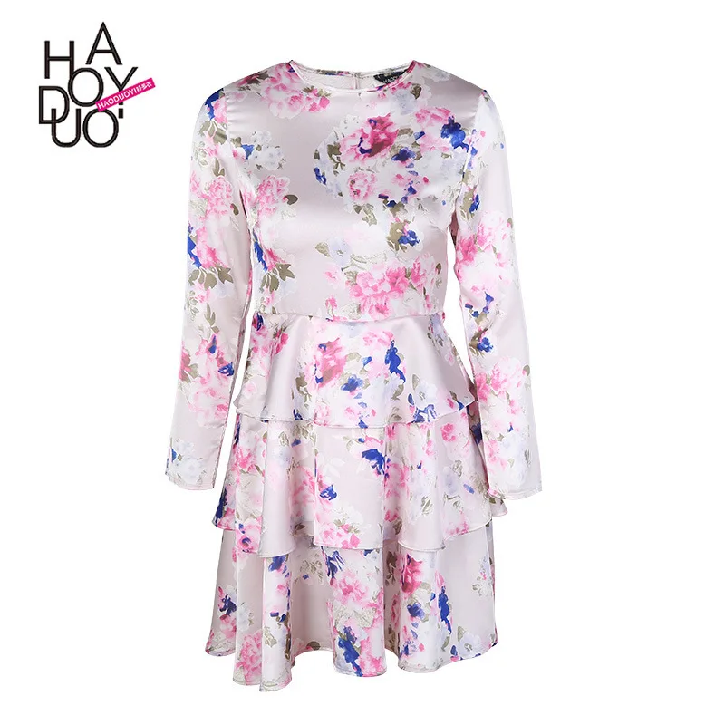 

Haoduoyi2019 Winter WOMEN'S Dress New Style Fashion Sweet Fresh Printing Flounced Chiffon Dress