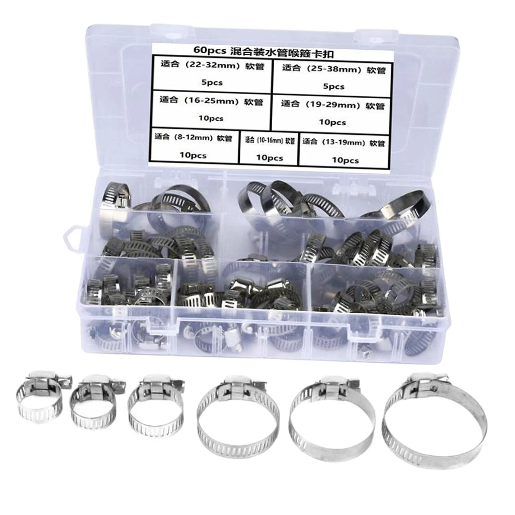 60Pcs Single Ear Hose Clamps Water Pipe Hose Clamp Mixed Assorted Set for Sealing Hose Stainless Steel