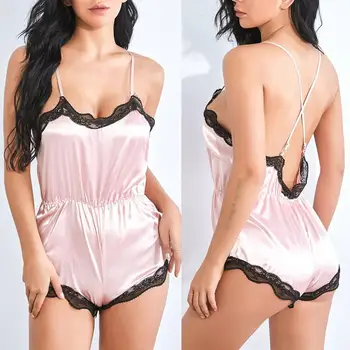

Women Low-cut Lace Patchwork Waist Tight Adjustable Straps Bodysuit Sleepwear