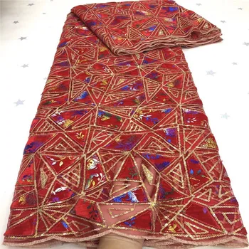 

Hot African Lace Fabric 2020 red/gold High Quality Lace Velvet Lace With Sequins Nigerian Lace Fabrics For Wedding Dress