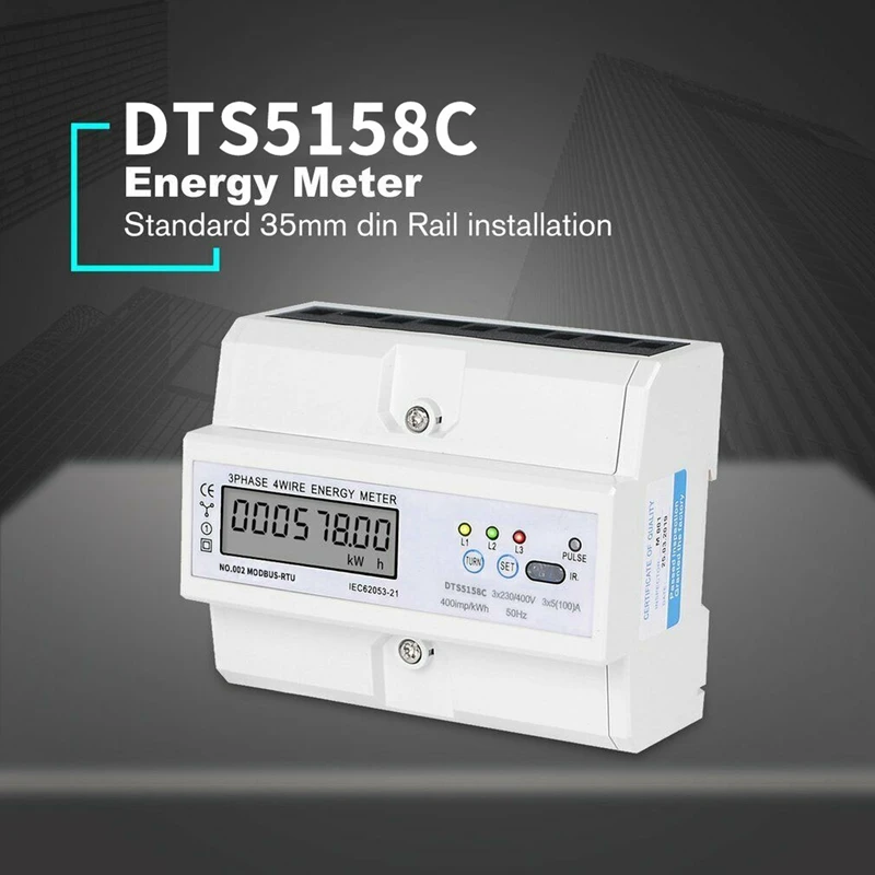 3 x 5(100)A DIN Rail 3 Phase 4 Wire LCD Digital Wattmeter Electronic Power Consumption Energy Meter 3 x 230/400(V
