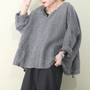 

[EWQ] 2020 Spring Summer New Pattern V-collar Long Sleeve Plaid Patchwork Pullovers Vintage Shirt Women AK76601