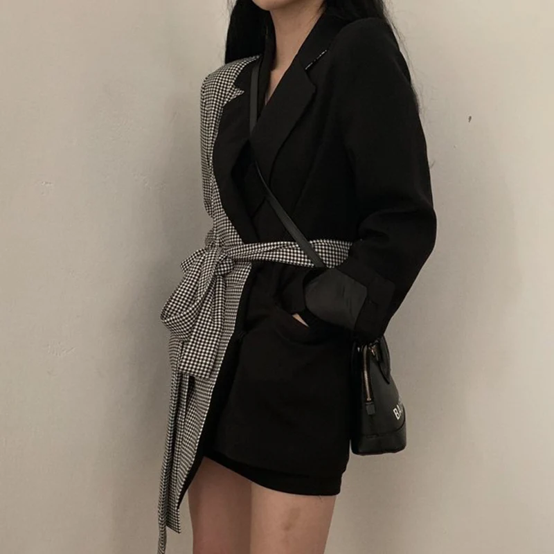Ins Style Autumn Design Split Joint Lattice Irregular Blazers Chalaza High Waist Long Fund Loose Coat Woman
