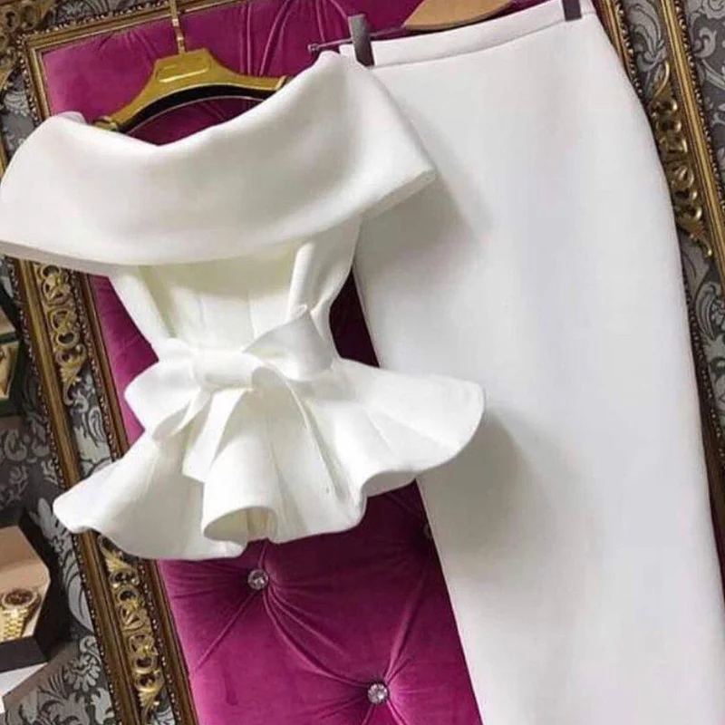 

New Women Short Sleeve Ruffle Bow 2 Piece Set Skirt Solid Lace Up Off Shoulder Tops Bodycon Skirt Sexy Club Party Skirt Suits
