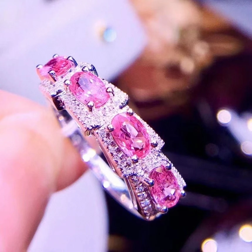 

Lovely forward ladder Row Natural pink sapphire Ring S925 Silver Natural Gemstone Ring Women's girl party fine ewelry