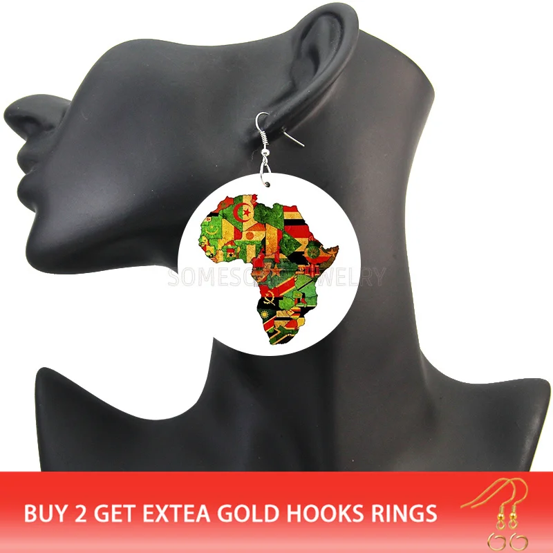 SOMESOOR печатных ЮАР флаги стран деревянные висячие серьги афро Черный Рок, хип-хоп деревянные висячие для женщин Рождественский подарок - Окраска металла: Both Sides Print 1