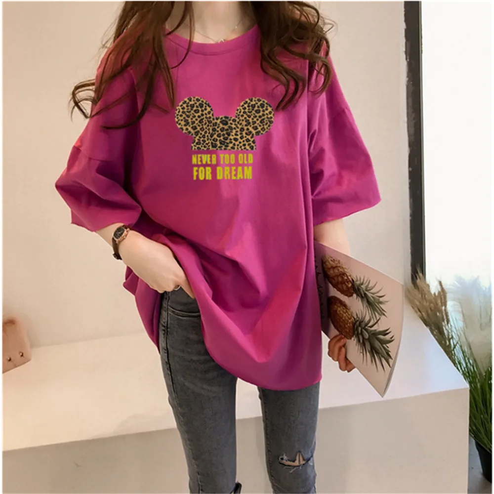 Disney Mickey Mouse Women T-shirts Casual Summer Female Mickey Ears Leopard Harajuku T-shirts Cartoon Lady Harajuku New Tops Tee