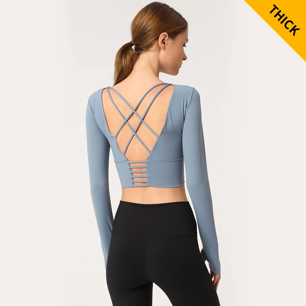 blue(thick) Спортивная одежда для женщин, укороченный топ для спортзала, тренировочная футболка с длинным рукавом, спортивный бюстгальтер для женщин s, топы для фитнеса, дышащие плотные однотонные - Цвет: blue(thick)