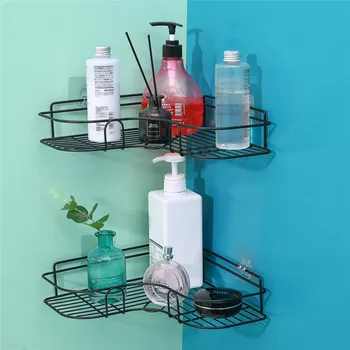 

Punch Free Corner Bathroom Shelf Frame Bathroom Wall Shelf Set Iron Storage Shelf Kitchen Tripod Corner Frame with 4 Hooks