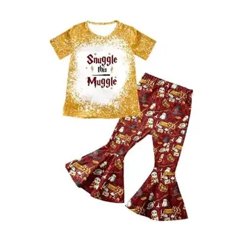 

Best selling set summer baby dress little girl cartoon print pattern Top + floral flared pants set