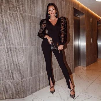 

Celebrity Party Club Bandage Jumpsuit Women Black Sexy V Neck Long Sleeve Lace Patchwork Jumpsuits Ladies Nightclub Rompers