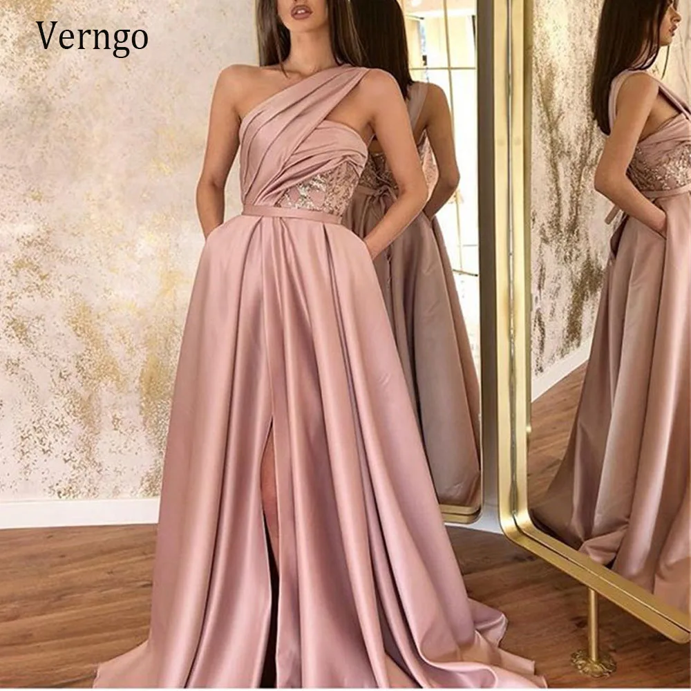 

Verngo One Shoulder Dusty Pink Evening Dresses Long Satin A Line Pleats Slit Sexy Corset Prom Gowns Formal Party Dress