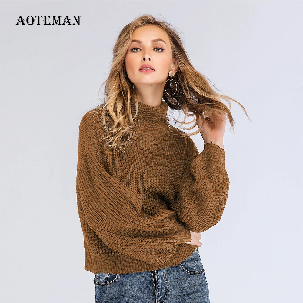 Autumn Winter Sweater Women 2019 Casual Solid Oversized Lantern Sleeve Black Loose Turtleneck Pullover Knitted Sweaters | Женская одежда