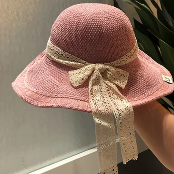 

Vacation lace bow tie straw hat fashion temperament fisherman hat big brim sunscreen sun hat