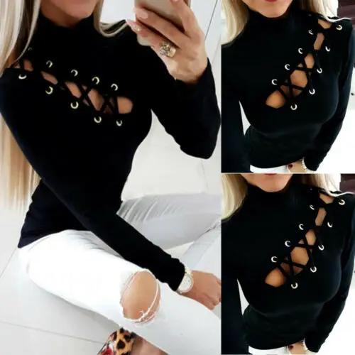 Women's Lace-Up Eyelet Hollow Out T-Shirt Ladies Long Sleeve Slim Fit T-Shirts