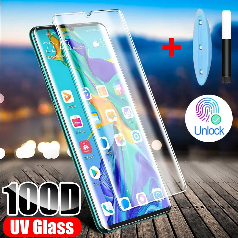 Закаленное стекло для Huawei P20 P30 P40 Pro Lite протектор экрана с УФ-жидкостью изогнутый