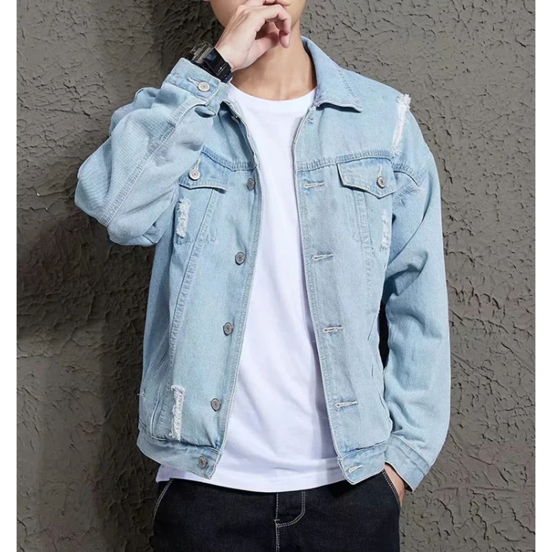 

Men's Denim Jacket Hip Hop Retro Denim Jacket Street Casual Pilot Harajuku Fashion Hole Slim Buttoned Sky Blue Men's Jacket