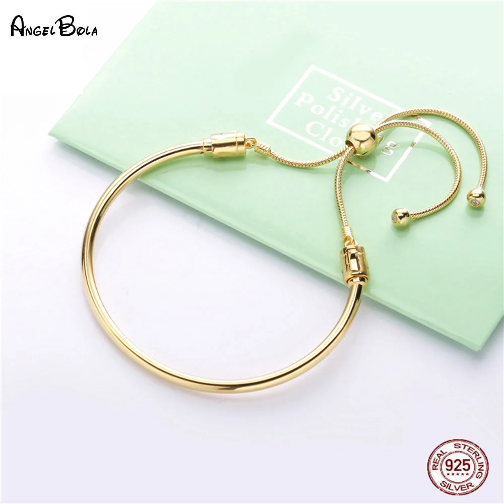 

New 925 Sterling Silver Telescopic Bracelet Woman Bangle Fit PAN DIY Beads Charm Rose Gold Fine Jewelry Gift For Female