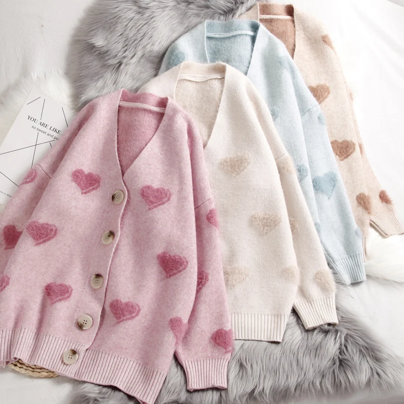 Online Suéter de cachemira Hirsionsan para mujer Otoño Invierno 2019 cárdigans tejidos corazón Kawaii ropa suelta de gran tamaño suave tirón caliente Mujer