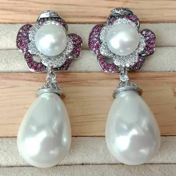 

White Teardrop Sea Shell Pearl Cz Pave Flower Earrings