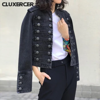 

Vintage Dark Gray Denim Jackets Women Military Style Double-Breasted Slim Short Jean Coat Outerwear