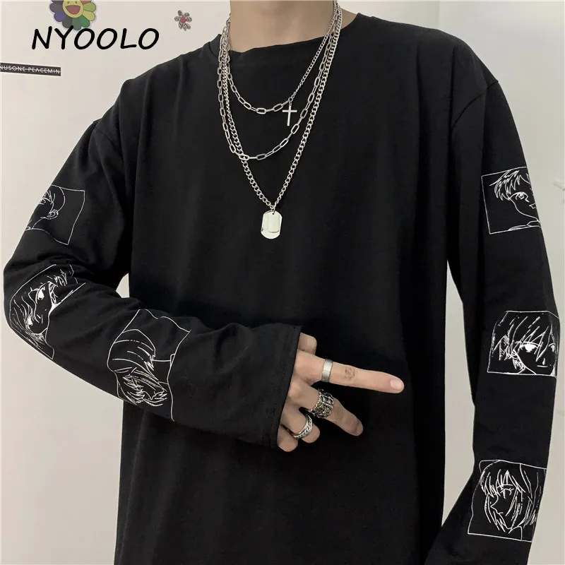 Черный NYOOLO Harajuku стиль простой дизайн аниме персонаж печатных футболка Топы осень уличная одежда с длинным рукавом o-образным вырезом Футболка женская мужская одежда - Цвет: Черный