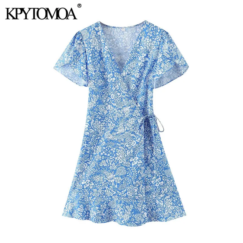 KPYTOMOA Women 2020 Chic Fashion Floral Print Wrap Mini Dress Vintage Short Sleeves With Belt Female Dresses Vestidos Mujer