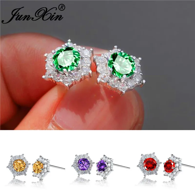Женский циркон с радужным блеском, маленькие шестигранные серьги, 925 серебро, красочные, зеленый, фиолетовый, красный камень, снежинка, серьги-гвоздики для женщин