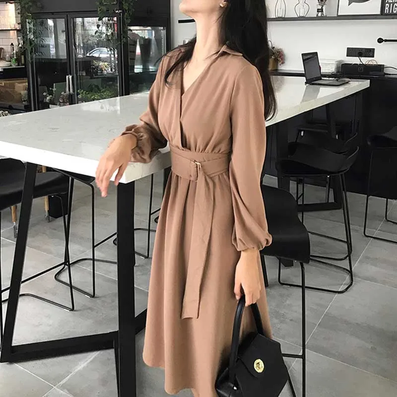 One-Piece Long Sleeve For Ladies Dress 2020 Spring Autumn French Vintage Waist V-Neck Dress Women Korean Office Elegant Dresses