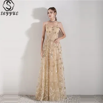 

Skyyue Evening Gown A-Line Sleeveless Pattern Robe De Soiree Spaghetti Strap Backless Plus Size Floor-Length Evening Dress E1110