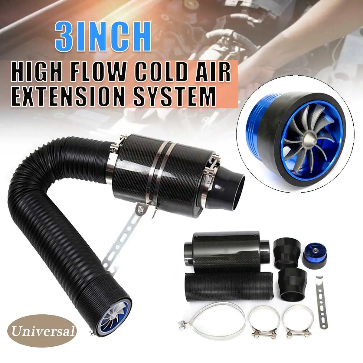 3" Car Cold Air Intake System With Fan Racing Carbon Fiber Cold Feed