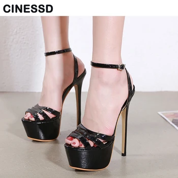 

Sexy 16cm ultra high heels women wedding party shoes peep toe patent leather fashion ankle strap sandals black red