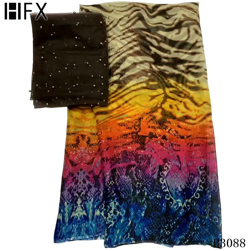 

HFX Latest Nigerian Lace Fabric 2020 High Quality Lace Chiffon Silk Fabric Satin French Lace Fabric with Headtie 5+2yard F3088