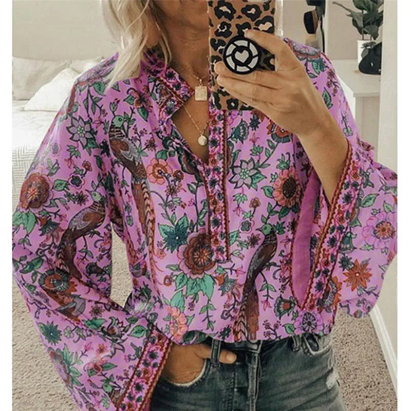 Fanbety Plus size Autumn Chic Blouses women Peacock Floral Print Long Sleeve Shirts women Casual V-neck Boho Blouse Tops Female