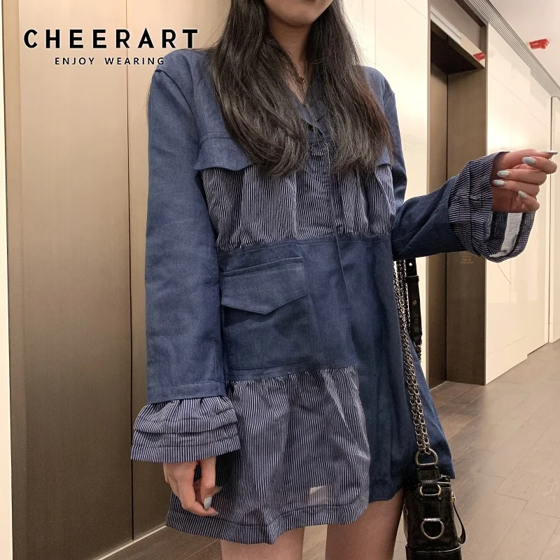 CHEERART осеннее винтажное темно синее мини платье с рюшами корейский Блейзер