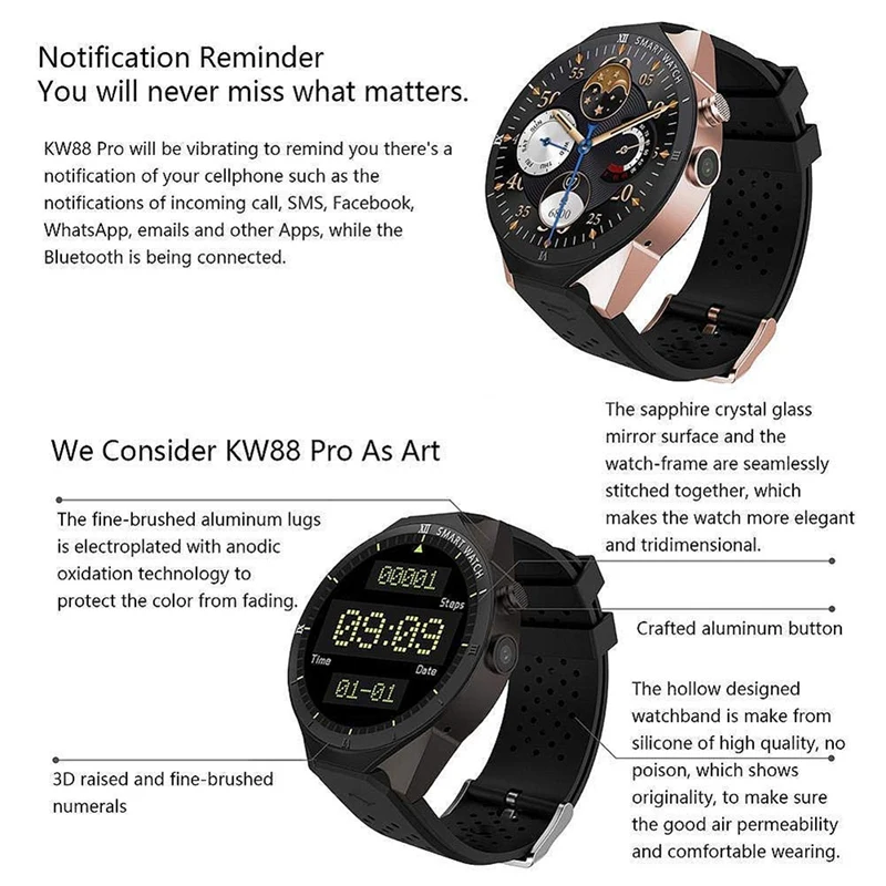 Умные часы FFYY-kingwear Kw88 Pro 3g Android 7,0 1. 3g Гц четырехъядерный 16 Гб Wifi Gps 2Mp камера монитор сердечного ритма 3g умные часы Mo