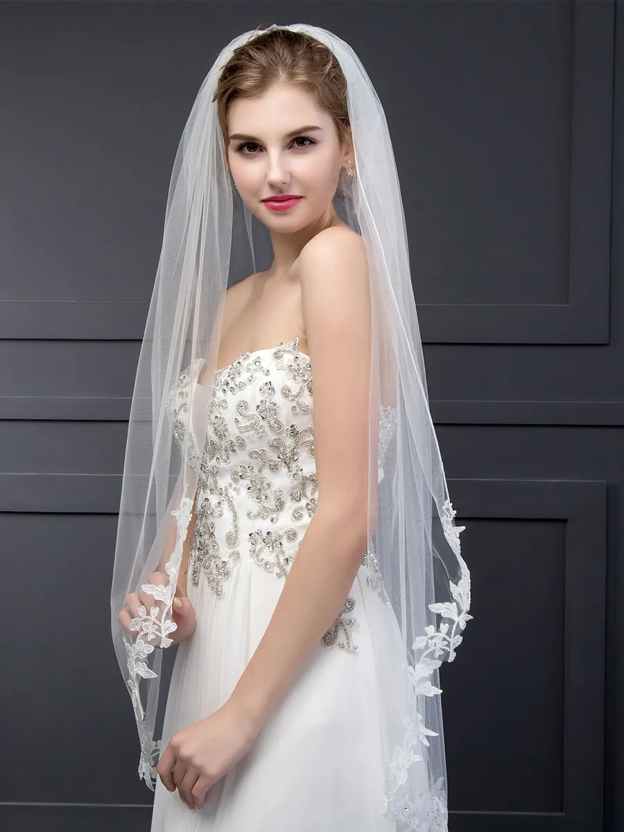 Tanpell Stunning Appliques Wedding Veil Ivory One-Layer Tulle Short Wedding Veil