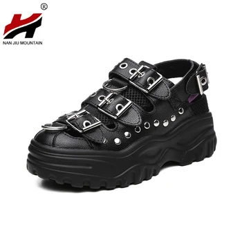 

NAN JIU MOUNTAIN 2021 Women's Sandals Genuine Leather Summer Mid Heel Outdoor Beach Shoes Rivet Buckle Plus Size 39