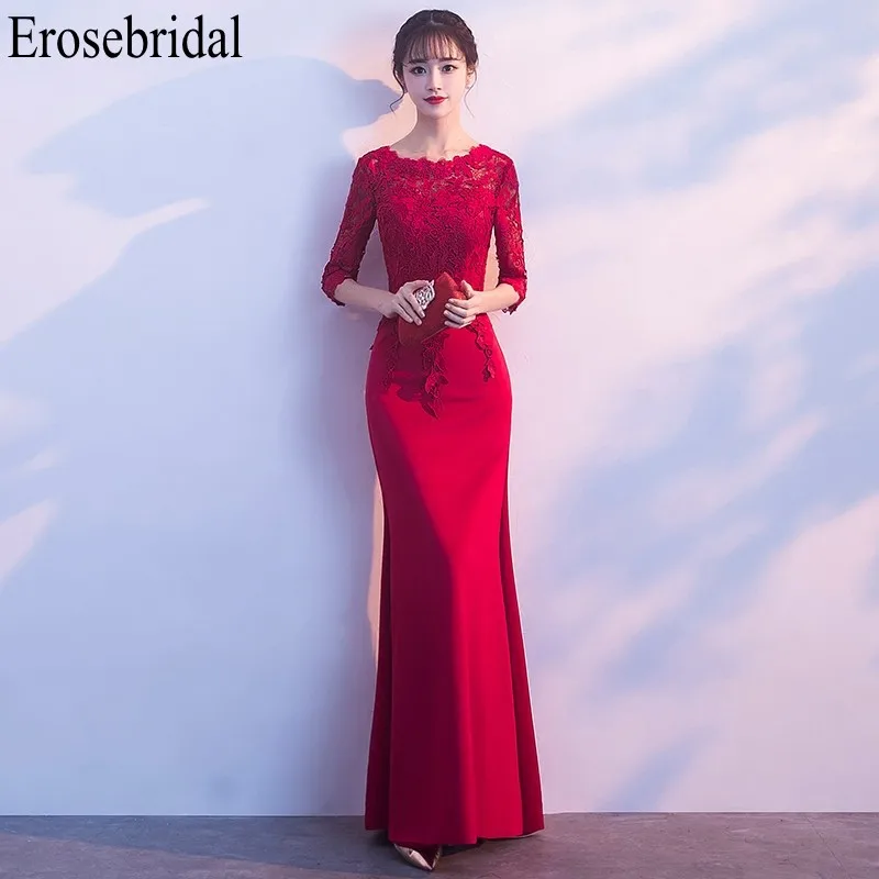 Erosebridal вечернее платье с длинными рукавами для женщин, красные элегантные платья Русалочки, вечернее платье на молнии сзади, круглый вырез