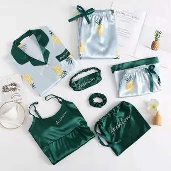 

Summer Autumn 7 Pcs Set Silk Elegant 2020 Women Pajamas Print Shorts Long Sleeve Top Elastic Waist Pants Full Lounge Sleepwear