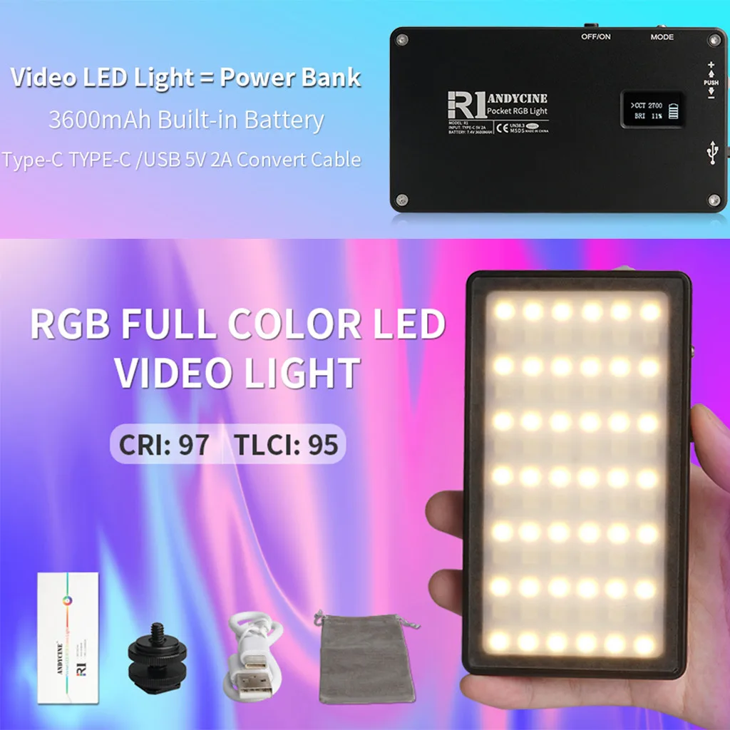 ANDYCINE R1 Карманный RGB светильник, Vlogger mini type-C 10W накамерный видео светильник