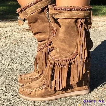 

NAUSK high Boots fashion gladiator high heels warm autumn simple plus size shoes Booties vintage tassel Shoe botas mujer H150