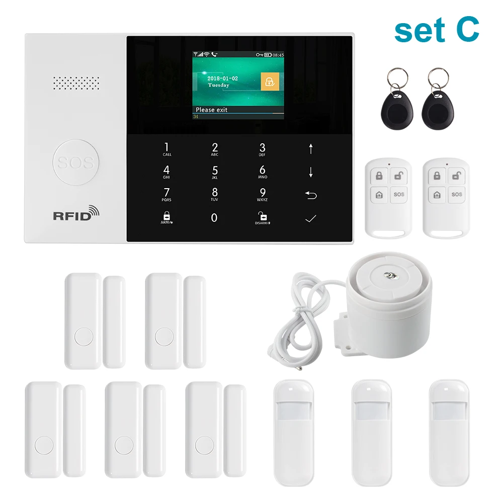 Awaywar 2,4 дюймов TFT wifi GSM охранная сигнализация, комплект, приложение, дистанционное управление, беспроводной рчид рычаг, снятие с проводной зоны - Цвет: Set C