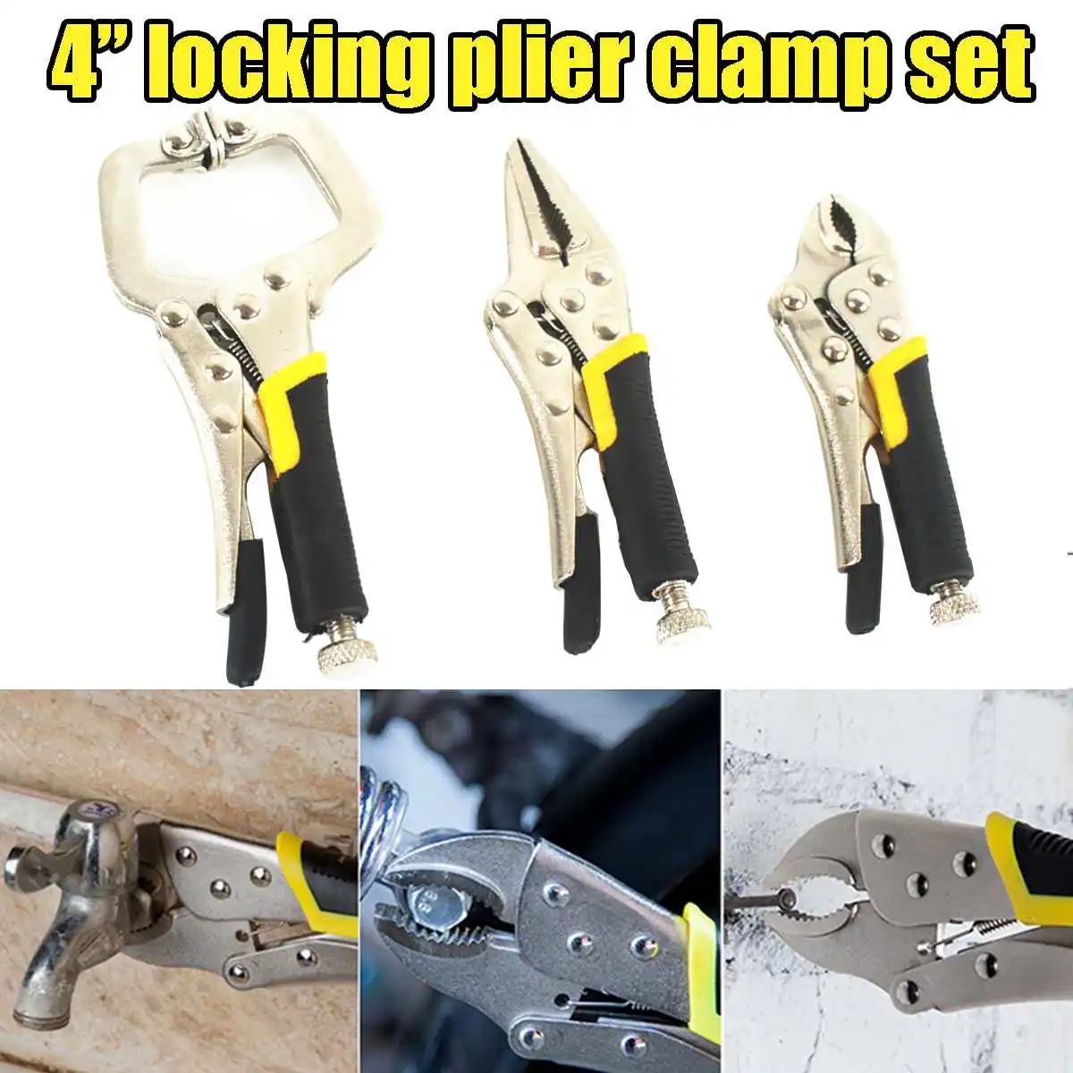 

3pcs/set 4'' Wood Face Clamp Vice Grip Kit Complete Locking C Type Clip Clamp Straight Needle Pliers Locking Self Grip Plier