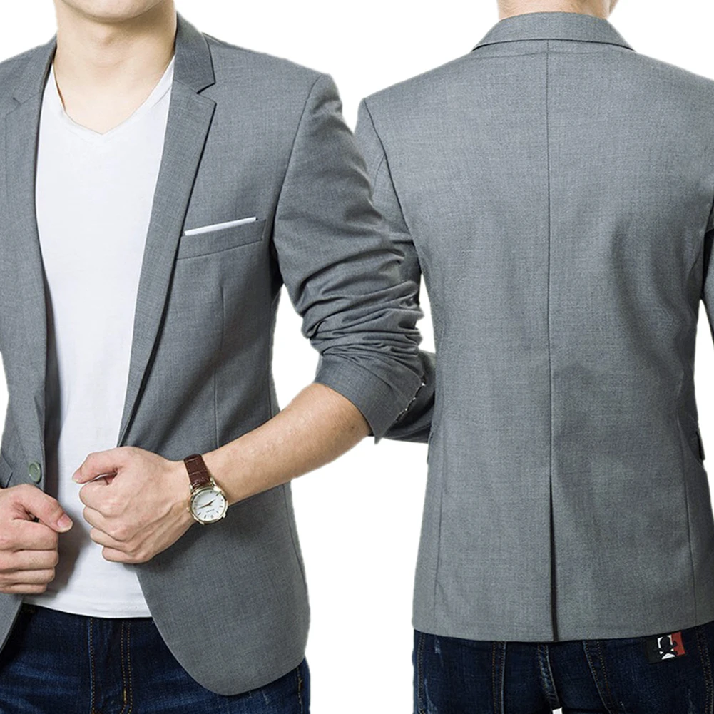 Men's Slim Formal Business Suit Coat One Button Lapel Long Sleeve Pockets Top Men's Coat Work Wedding Wear 3