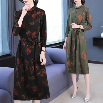 

Silk dress women new spring and autumn long sleeve temperament mother printed silk dress S to 4XL