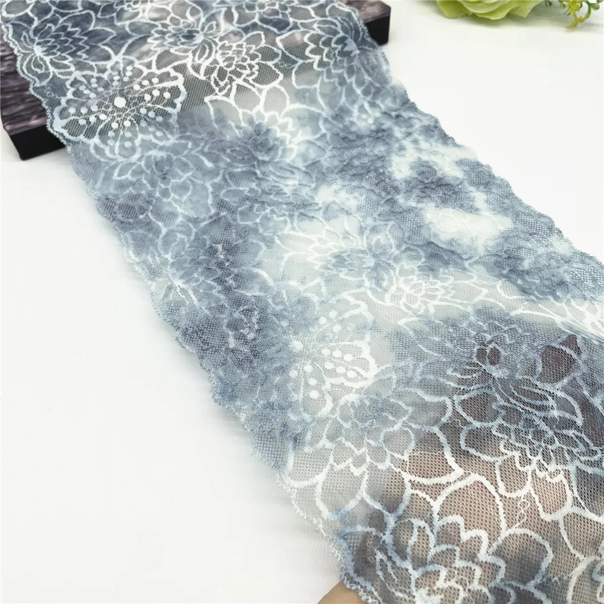 3y/lot Width 21cm Floral Grey Blue Elastic Stretch Lace Trim 1