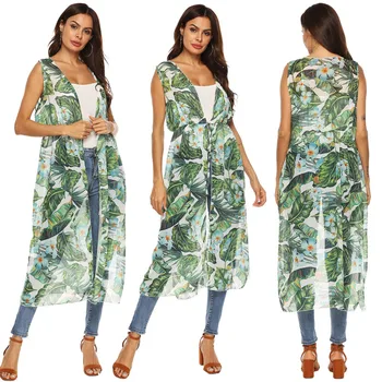 

Beach Outings For Women Coverup Dresses 2019 Pareo Summer Kaftan Print Plant Closed High Waist Split Vest Chiffon Joker Cardigan