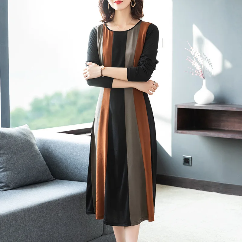 

Silk Dress 2019 Autumn Women's New Style Skirt Contrast Color Printed Medium-length Dress Elegant Long Sleeve A- line Skirt