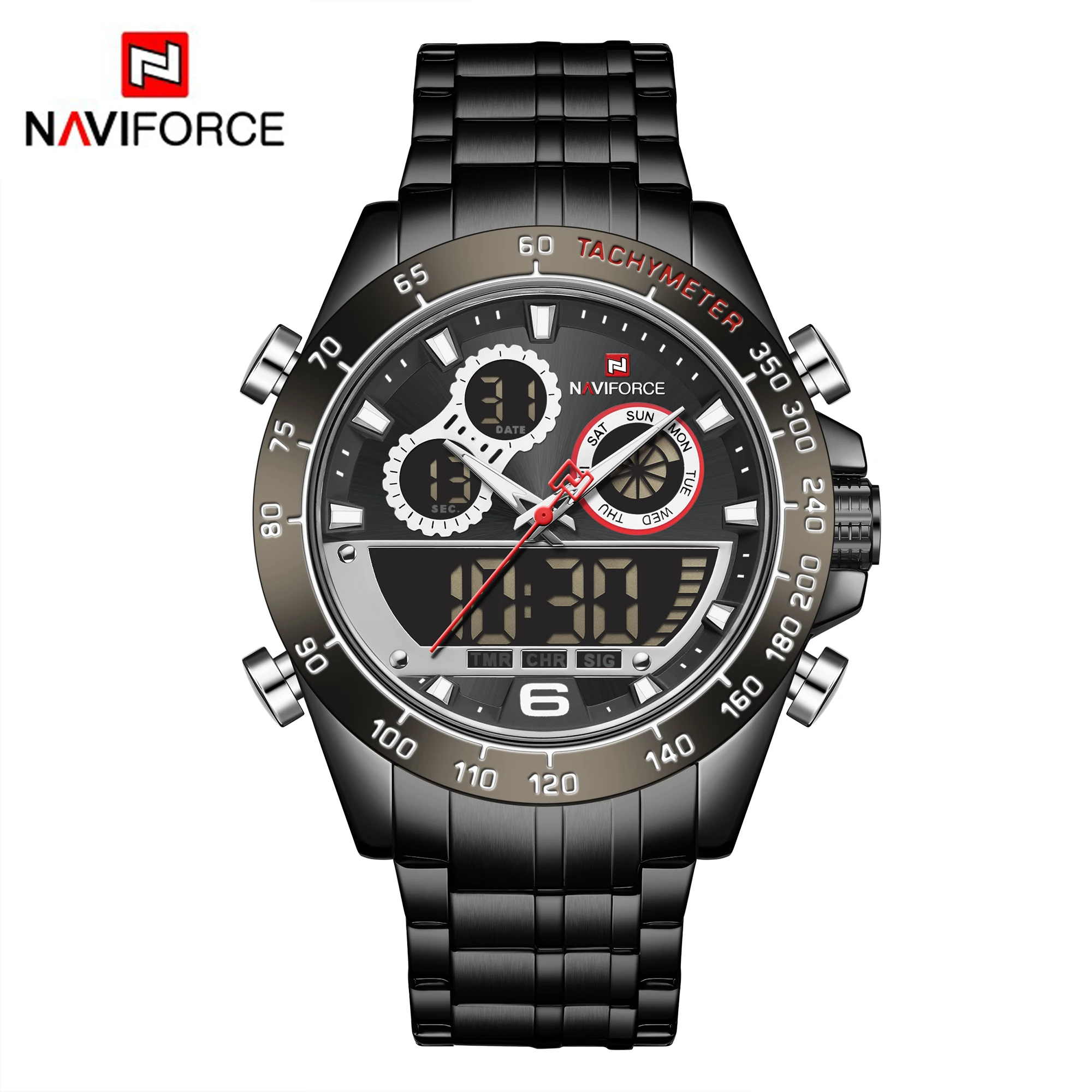 

NAVIFORCE Men Watches Chronograph Sport Clock Dual Display Quartz 2020 Analog Digital 3ATM Waterproof Wristwatch Black 46mm New